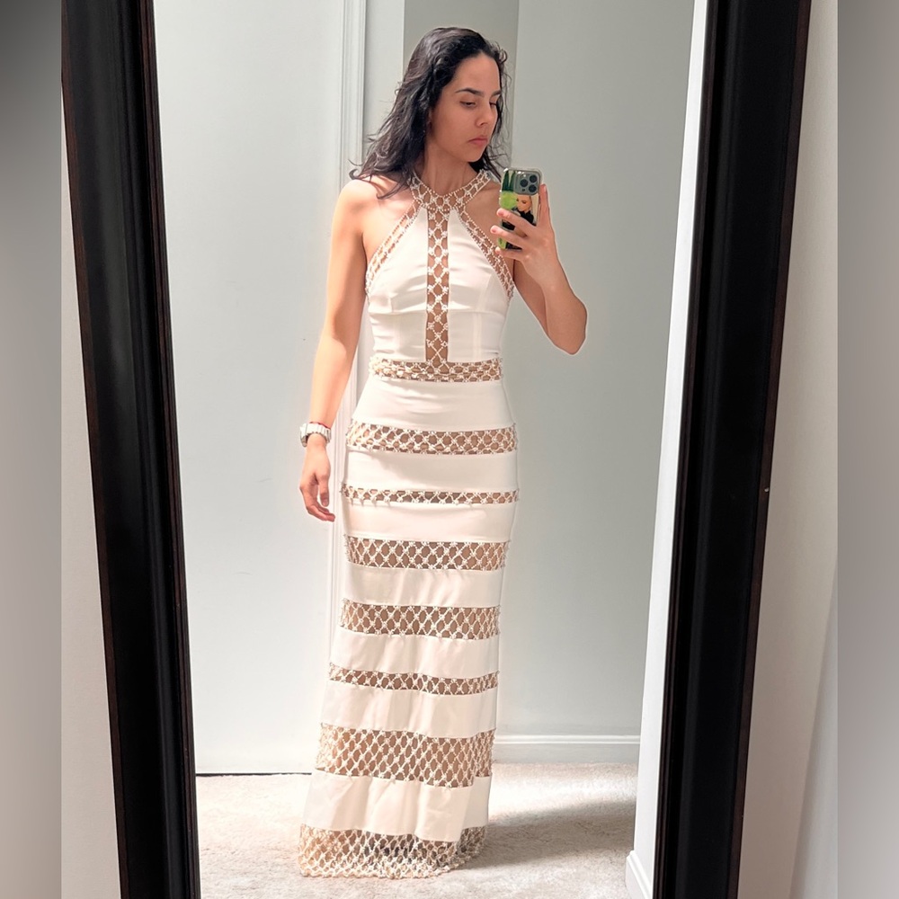 Elegant Cream and Tan Maxi Dress by Pat Bo